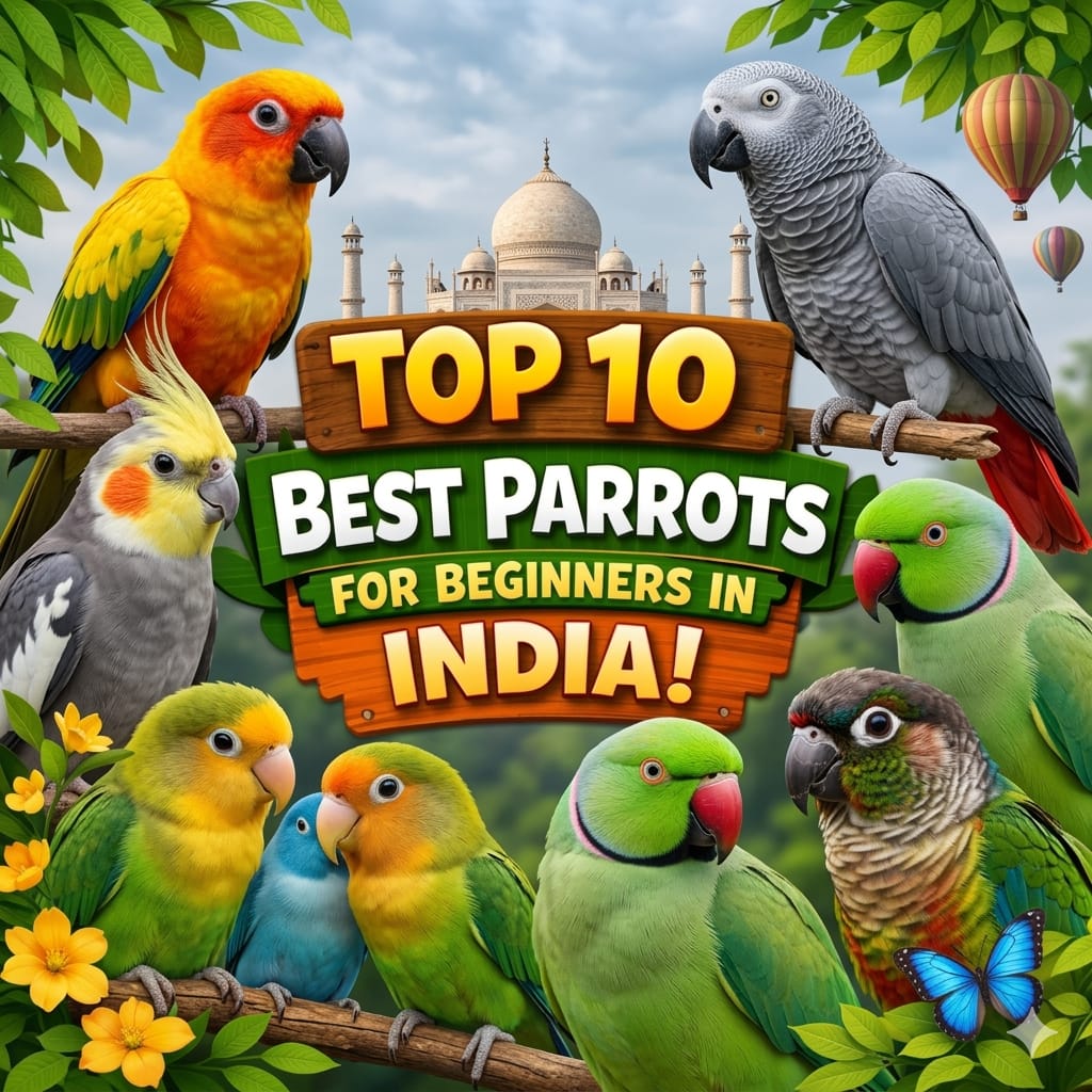 Top 10 best parrots for beginners in India including Budgies, Cockatiels, Lovebirds and Conures.