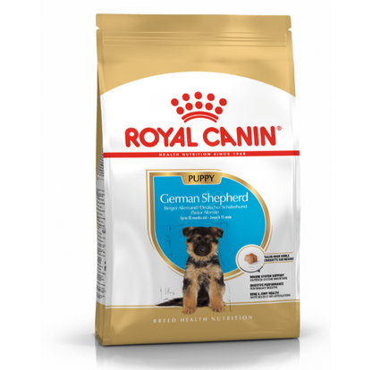 Front view of a Royal Canin German Shepherd Puppy food bag on a white background.