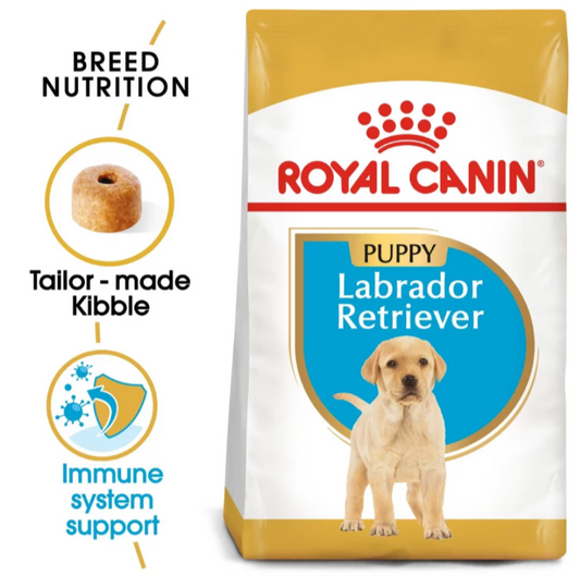Promotional graphic showing the Royal Canin Labrador Puppy bag alongside immune support and tailor-made kibble icons.