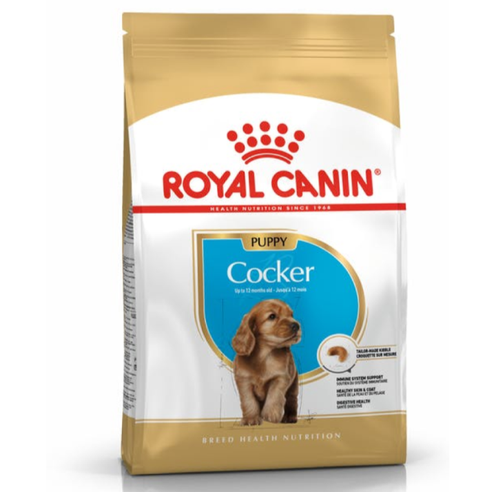 A front-facing 3D render of the Royal Canin Cocker Puppy dry dog food bag against a white background.
