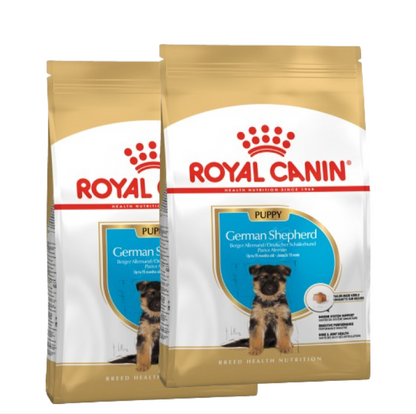Two bags of Royal Canin German Shepherd Puppy breed-specific dry dog food.
