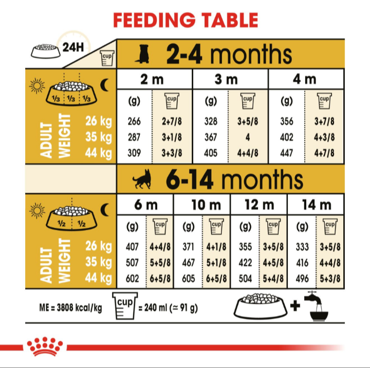 Detailed feeding table for German Shepherd puppies based on age and expected adult weight.