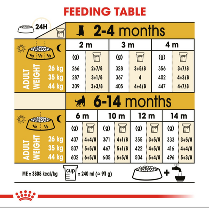 Detailed feeding table for German Shepherd puppies based on age and expected adult weight.