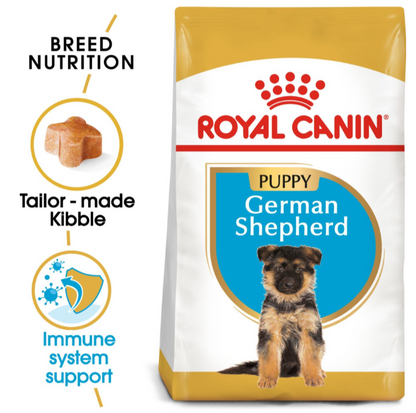 Product showcase featuring the tailor-made kibble and immune system support benefits for German Shepherd puppies.