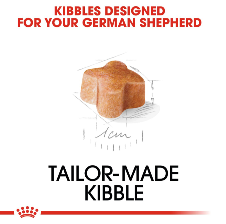 Close-up diagram of a cross-shaped kibble specially designed for German Shepherd puppy jaws.