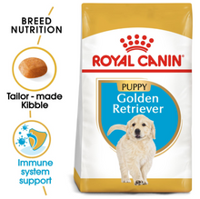 Royal Canin Golden Retriever Puppy food package highlighting tailor-made kibble design and immune system support benefits.