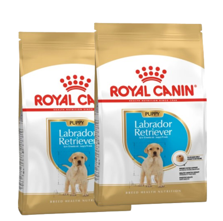 Two bags of Royal Canin Labrador Retriever Puppy dry dog food for puppies up to 15 months old.