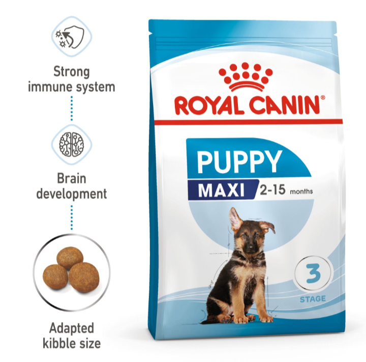 Royal Canin Maxi Puppy bag next to icons representing immune support, brain development, and adapted kibble size.