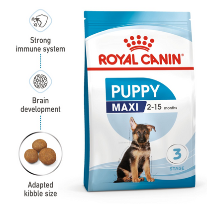 Royal Canin Maxi Puppy bag next to icons representing immune support, brain development, and adapted kibble size.