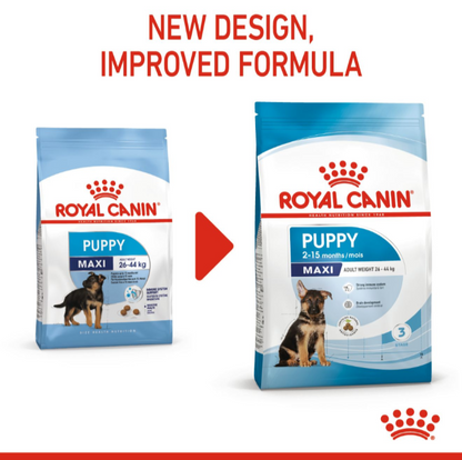Comparison showing the old and new packaging design for Royal Canin Maxi Puppy dry dog food for large breed puppies.