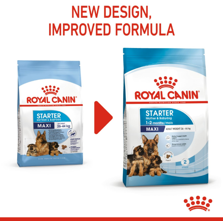 Side-by-side comparison of the old and new packaging design for Royal Canin Maxi Starter Mother and Babydog food.
