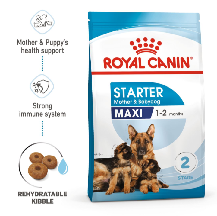 Features of Royal Canin Maxi Starter including rehydratable kibble for easier transition to solid food.