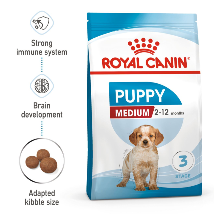 Royal Canin Medium Puppy bag with icons highlighting immune support, brain development, and adapted kibble size.