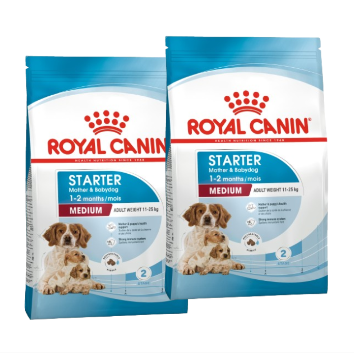 Two bags of Royal Canin Medium Starter dog food for mothers and puppies aged 1-2 months.