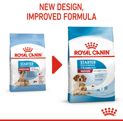 Side-by-side comparison of the old and new packaging design for Royal Canin Medium Starter Mother and Babydog.
