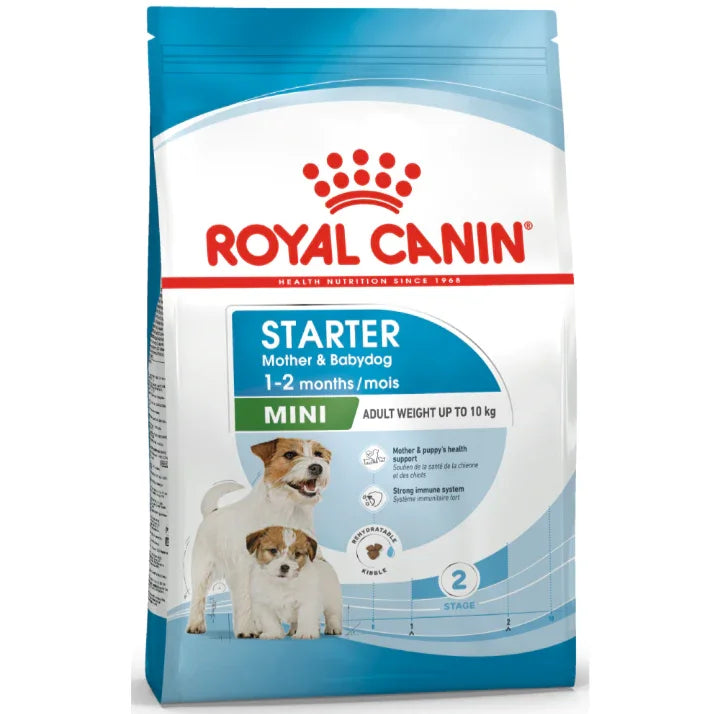 Bag of Royal Canin Mini Starter Mother & Babydog dry dog food for small breeds up to 10kg.
