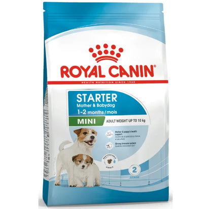 Bag of Royal Canin Mini Starter Mother & Babydog dry dog food for small breeds up to 10kg.