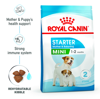 Key benefits of Royal Canin Mini Starter including health support, strong immune system, and rehydratable kibble.