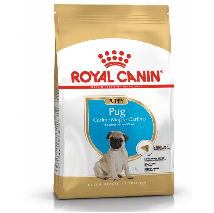 Front view of the Royal Canin Breed Health Nutrition Pug Puppy dry food bag.