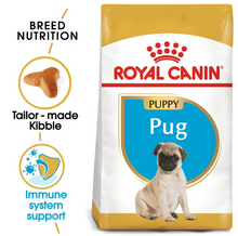 Marketing image for Royal Canin Pug Puppy food highlighting the tailor-made kibble and immune system support.