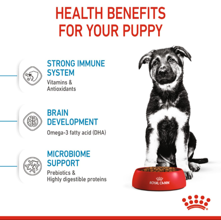 Infographic highlighting health benefits for puppies: strong immune system, brain development with DHA, and microbiome support.