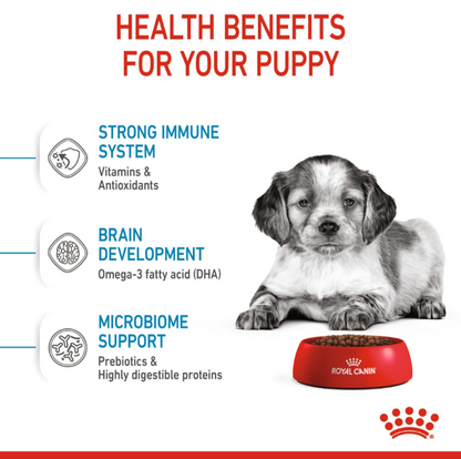 Key benefits of Royal Canin Puppy food including immune system support, brain development (DHA), and microbiome support.